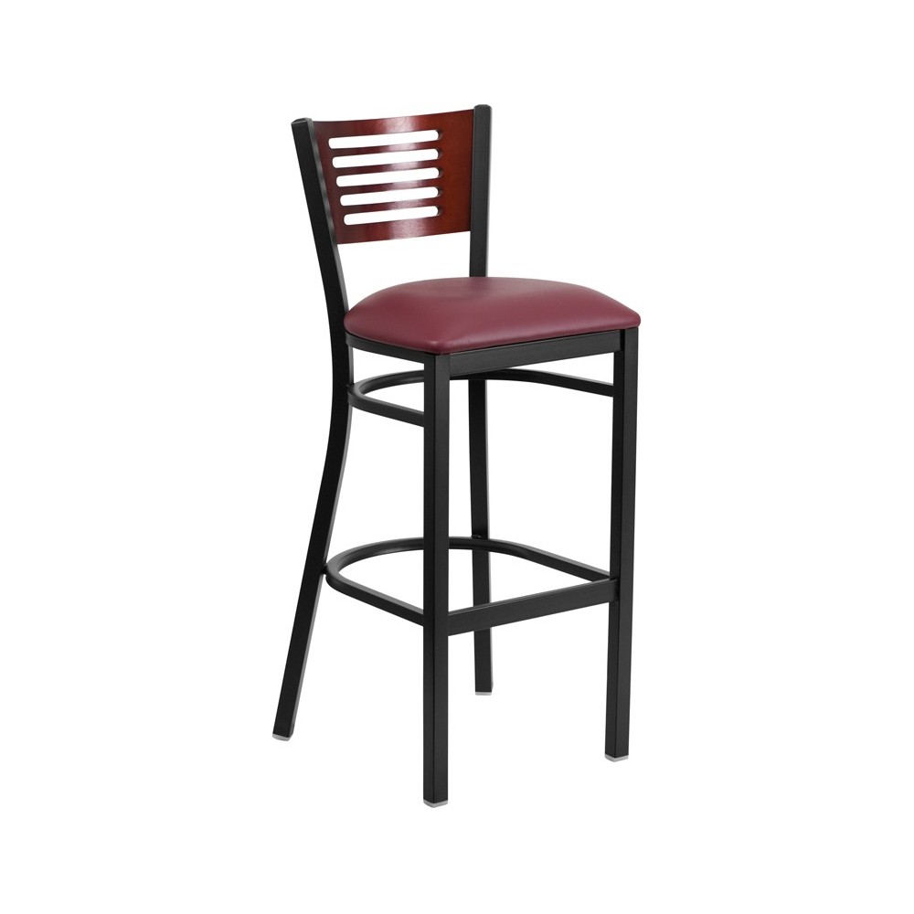 Black Slat Back Metal Restaurant Barstool - Mahogany Wood Back, Burgundy Vinyl Seat