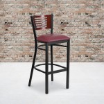 Black Slat Back Metal Restaurant Barstool - Mahogany Wood Back, Burgundy Vinyl Seat