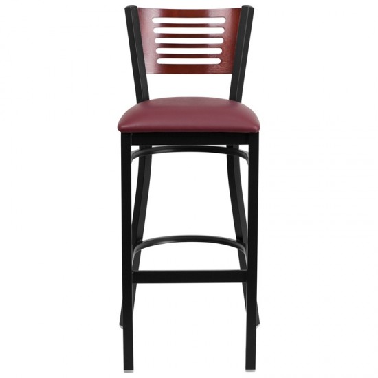 Black Slat Back Metal Restaurant Barstool - Mahogany Wood Back, Burgundy Vinyl Seat