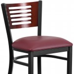 Black Slat Back Metal Restaurant Barstool - Mahogany Wood Back, Burgundy Vinyl Seat