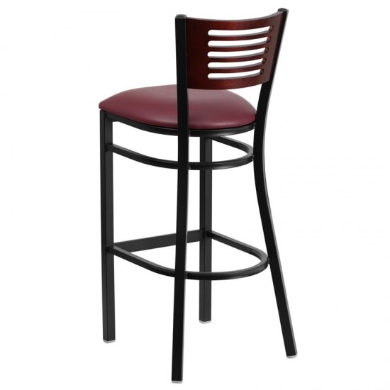 Black Slat Back Metal Restaurant Barstool - Mahogany Wood Back, Burgundy Vinyl Seat