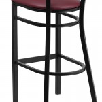 Black Slat Back Metal Restaurant Barstool - Mahogany Wood Back, Burgundy Vinyl Seat