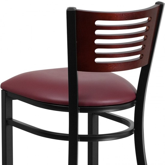 Black Slat Back Metal Restaurant Barstool - Mahogany Wood Back, Burgundy Vinyl Seat