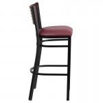 Black Slat Back Metal Restaurant Barstool - Mahogany Wood Back, Burgundy Vinyl Seat