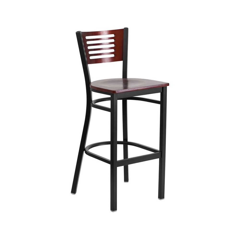 Black Slat Back Metal Restaurant Barstool - Mahogany Wood Back & Seat