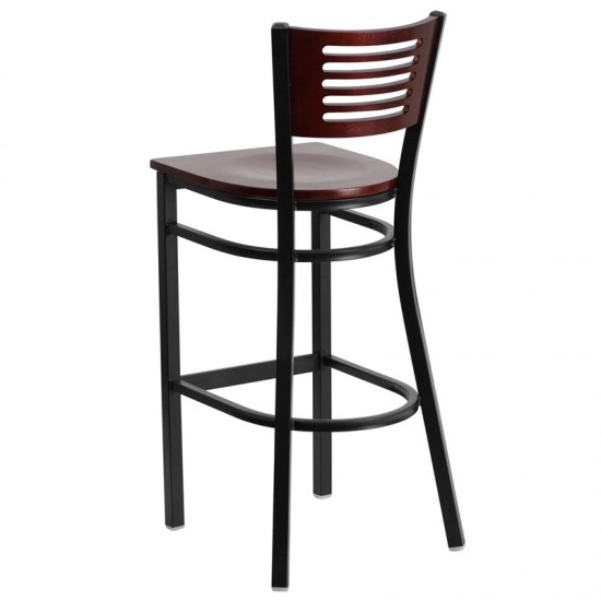 Black Slat Back Metal Restaurant Barstool - Mahogany Wood Back & Seat