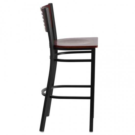 Black Slat Back Metal Restaurant Barstool - Mahogany Wood Back & Seat