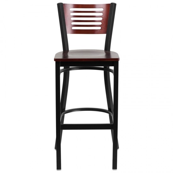 Black Slat Back Metal Restaurant Barstool - Mahogany Wood Back & Seat