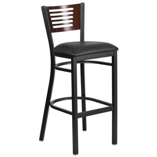 Black Slat Back Metal Restaurant Barstool - Walnut Wood Back, Black Vinyl Seat