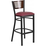 Black Slat Back Metal Restaurant Barstool - Walnut Wood Back, Burgundy Vinyl Seat