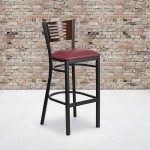 Black Slat Back Metal Restaurant Barstool - Walnut Wood Back, Burgundy Vinyl Seat