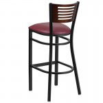 Black Slat Back Metal Restaurant Barstool - Walnut Wood Back, Burgundy Vinyl Seat