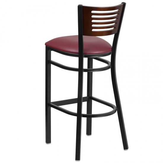 Black Slat Back Metal Restaurant Barstool - Walnut Wood Back, Burgundy Vinyl Seat