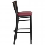 Black Slat Back Metal Restaurant Barstool - Walnut Wood Back, Burgundy Vinyl Seat