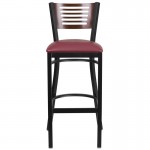 Black Slat Back Metal Restaurant Barstool - Walnut Wood Back, Burgundy Vinyl Seat