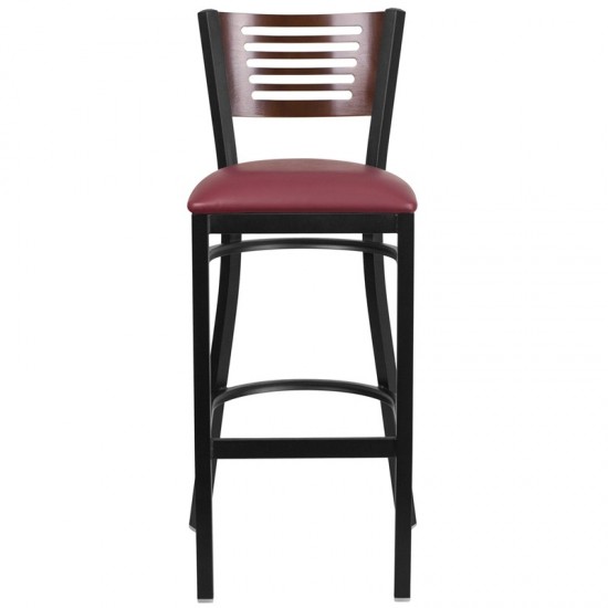 Black Slat Back Metal Restaurant Barstool - Walnut Wood Back, Burgundy Vinyl Seat