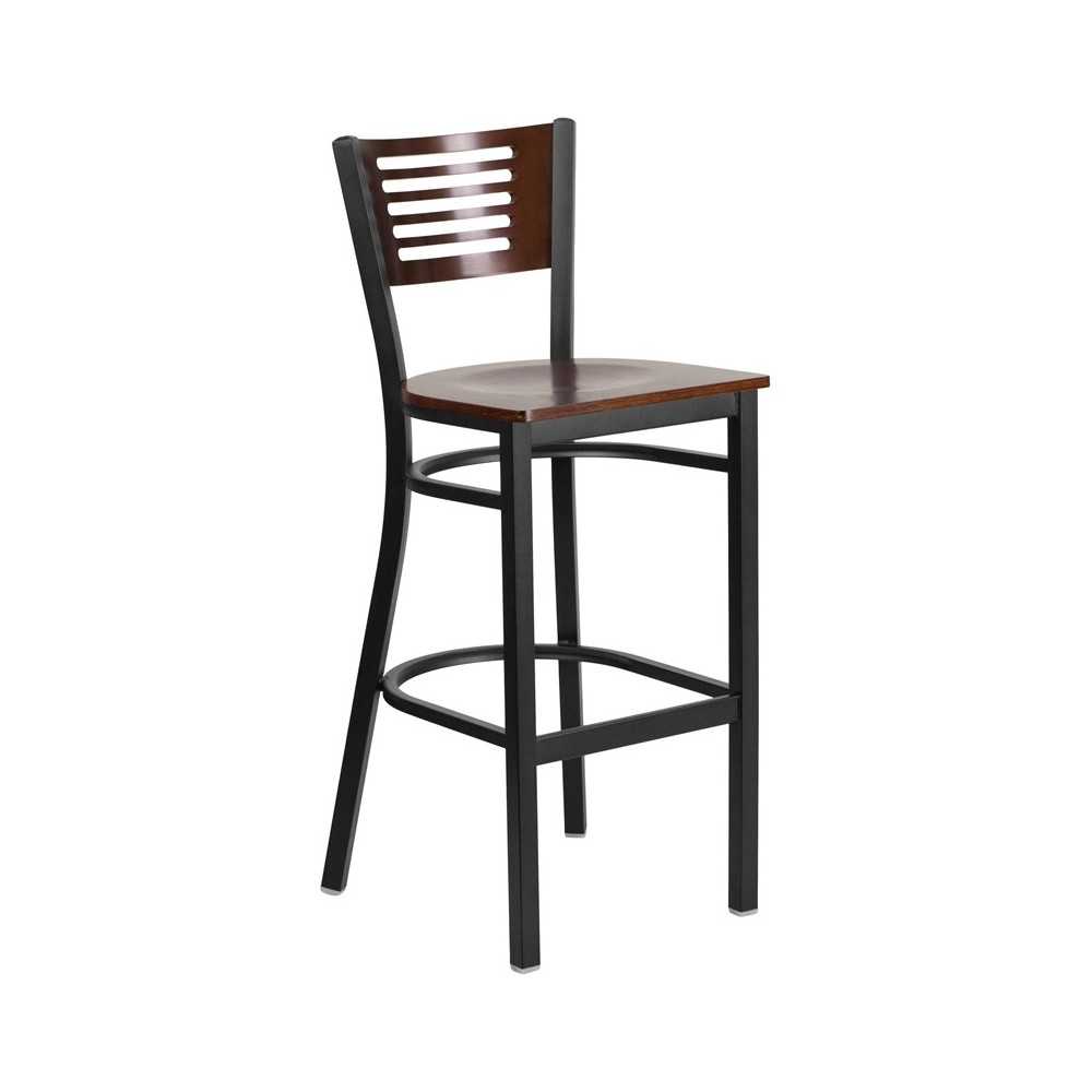 Black Slat Back Metal Restaurant Barstool - Walnut Wood Back & Seat