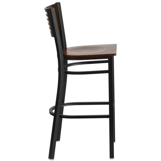 Black Slat Back Metal Restaurant Barstool - Walnut Wood Back & Seat