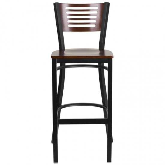 Black Slat Back Metal Restaurant Barstool - Walnut Wood Back & Seat