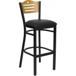 Black Slat Back Metal Restaurant Barstool - Natural Wood Back, Black Vinyl Seat