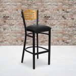 Black Slat Back Metal Restaurant Barstool - Natural Wood Back, Black Vinyl Seat