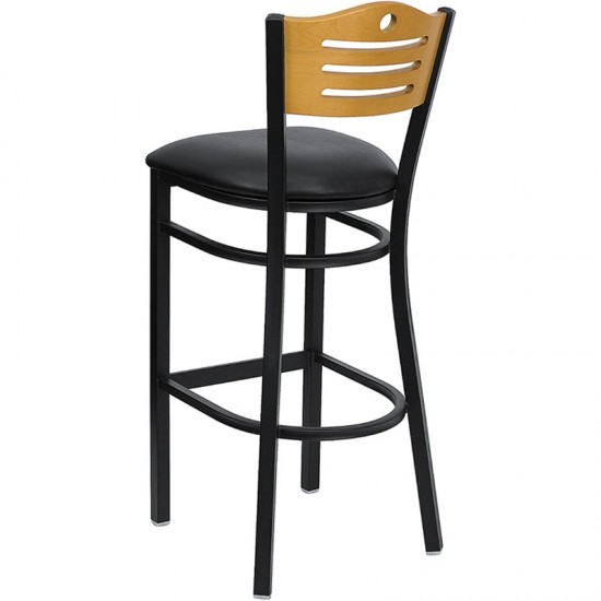 Black Slat Back Metal Restaurant Barstool - Natural Wood Back, Black Vinyl Seat