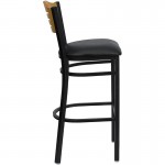 Black Slat Back Metal Restaurant Barstool - Natural Wood Back, Black Vinyl Seat