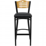 Black Slat Back Metal Restaurant Barstool - Natural Wood Back, Black Vinyl Seat