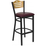 Black Slat Back Metal Restaurant Barstool - Natural Wood Back, Burgundy Vinyl Seat