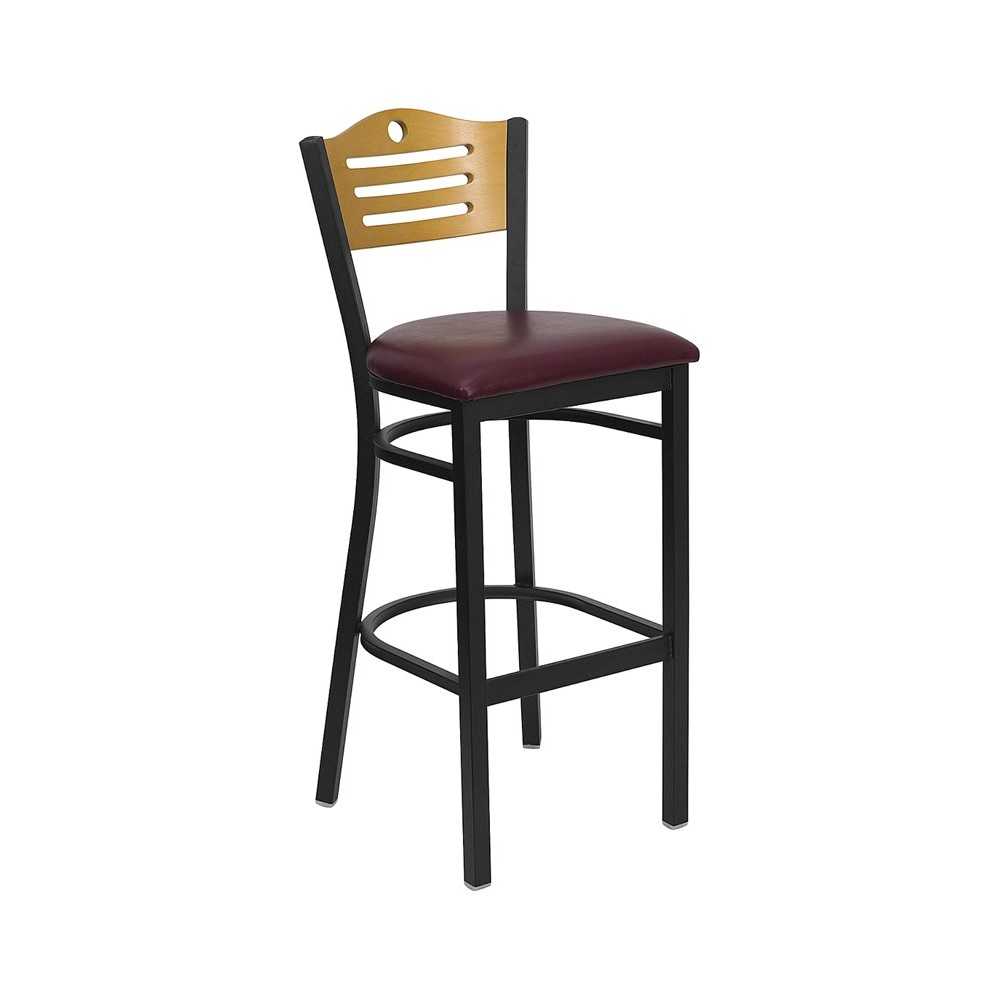 Black Slat Back Metal Restaurant Barstool - Natural Wood Back, Burgundy Vinyl Seat