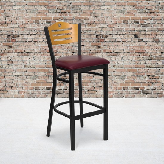 Black Slat Back Metal Restaurant Barstool - Natural Wood Back, Burgundy Vinyl Seat