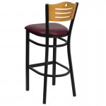 Black Slat Back Metal Restaurant Barstool - Natural Wood Back, Burgundy Vinyl Seat