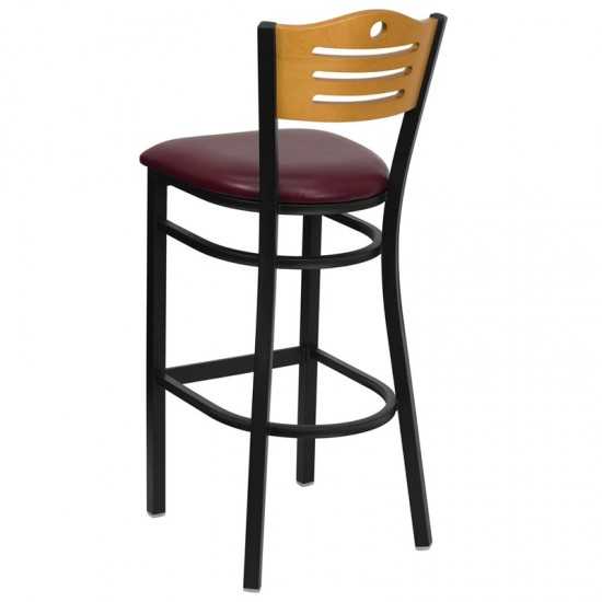 Black Slat Back Metal Restaurant Barstool - Natural Wood Back, Burgundy Vinyl Seat