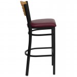 Black Slat Back Metal Restaurant Barstool - Natural Wood Back, Burgundy Vinyl Seat