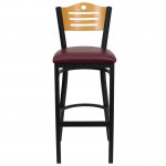 Black Slat Back Metal Restaurant Barstool - Natural Wood Back, Burgundy Vinyl Seat