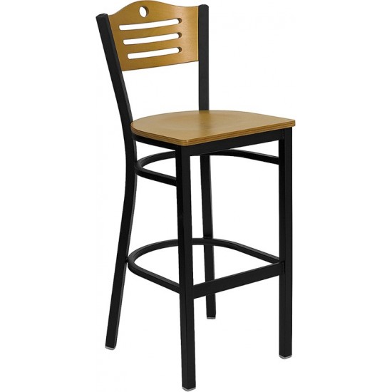 Black Slat Back Metal Restaurant Barstool - Natural Wood Back & Seat