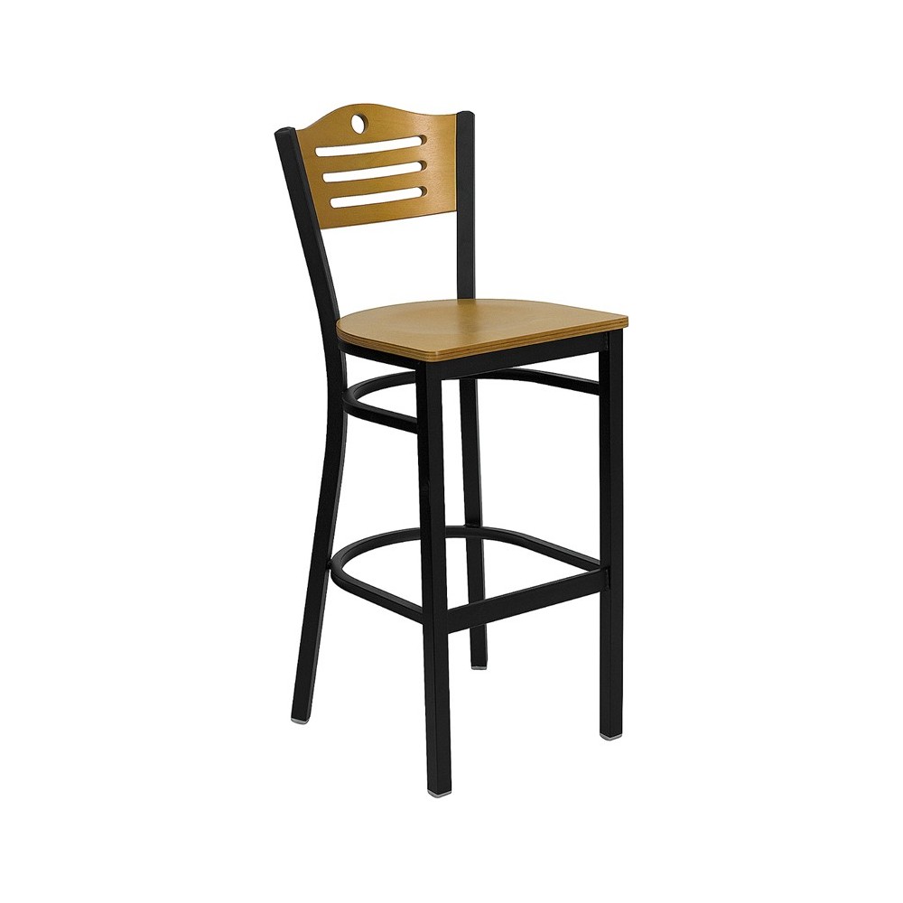 Black Slat Back Metal Restaurant Barstool - Natural Wood Back & Seat