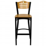 Black Slat Back Metal Restaurant Barstool - Natural Wood Back & Seat