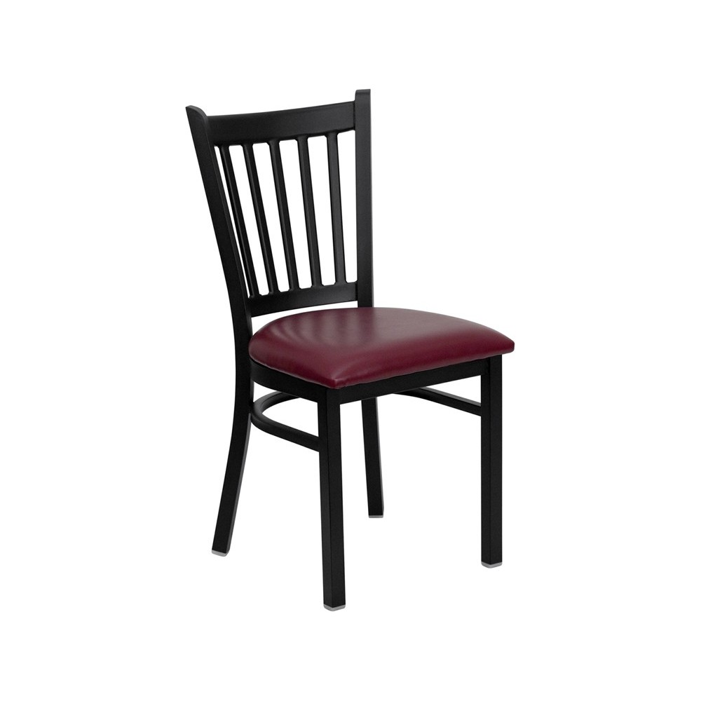 Black Vertical Back Metal Restaurant Chair - Burgundy Vinyl Seat