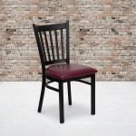 Black Vertical Back Metal Restaurant Chair - Burgundy Vinyl Seat