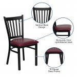 Black Vertical Back Metal Restaurant Chair - Burgundy Vinyl Seat