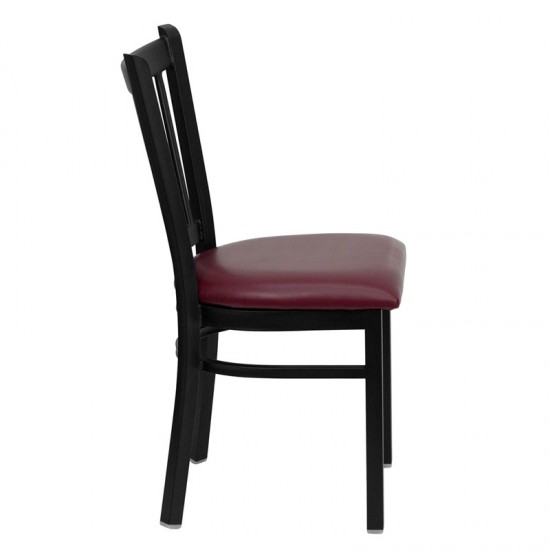 Black Vertical Back Metal Restaurant Chair - Burgundy Vinyl Seat