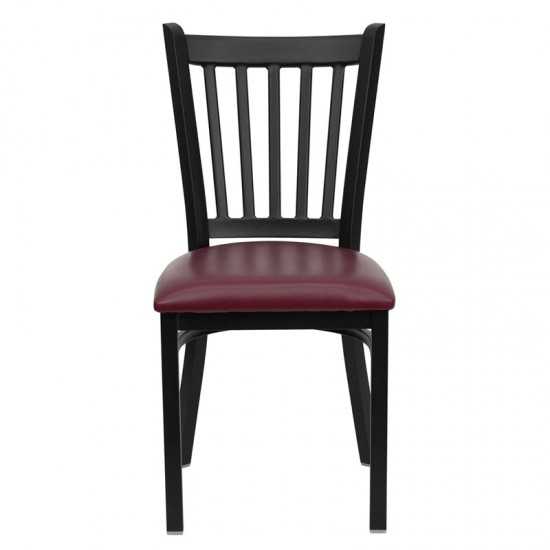 Black Vertical Back Metal Restaurant Chair - Burgundy Vinyl Seat