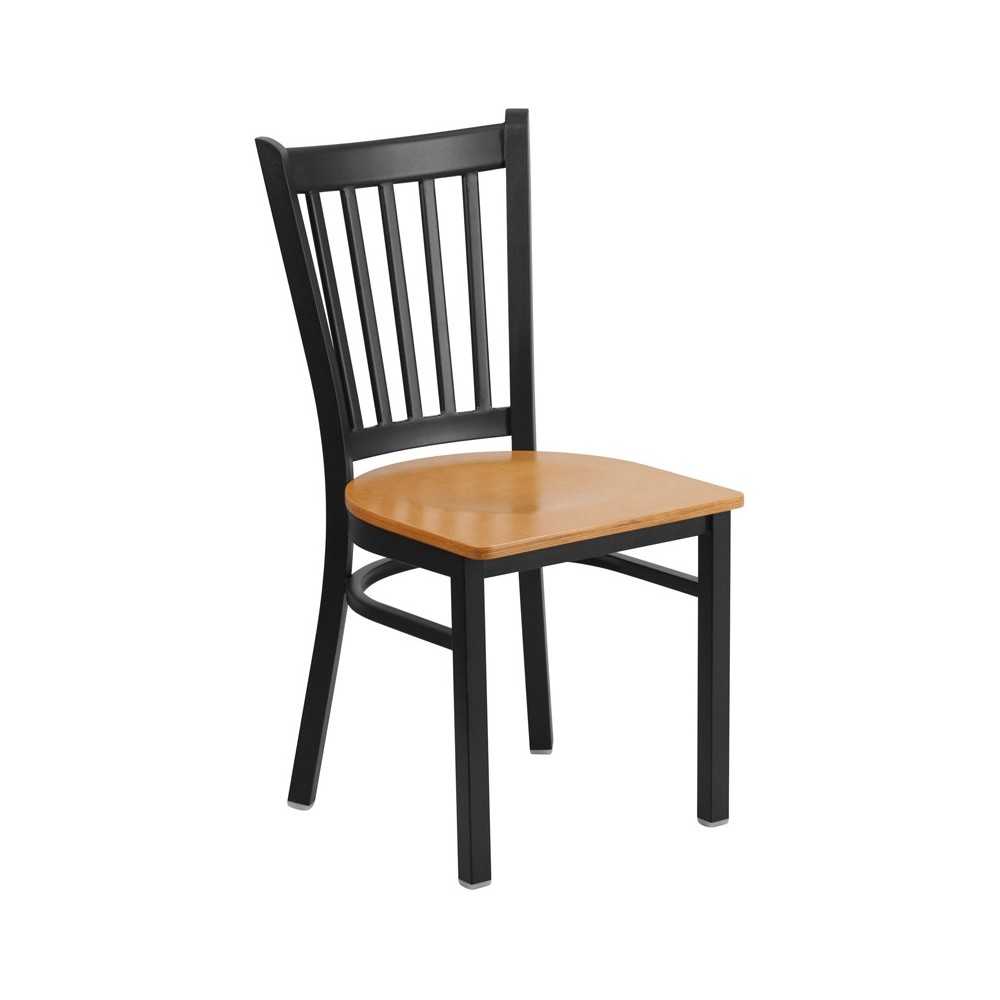 Black Vertical Back Metal Restaurant Chair - Natural Wood Seat