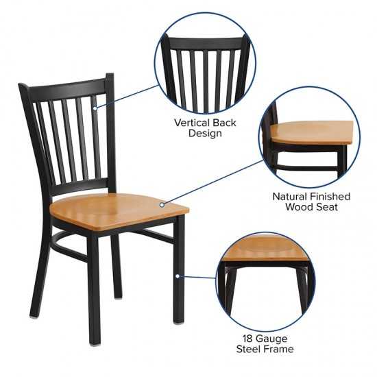 Black Vertical Back Metal Restaurant Chair - Natural Wood Seat