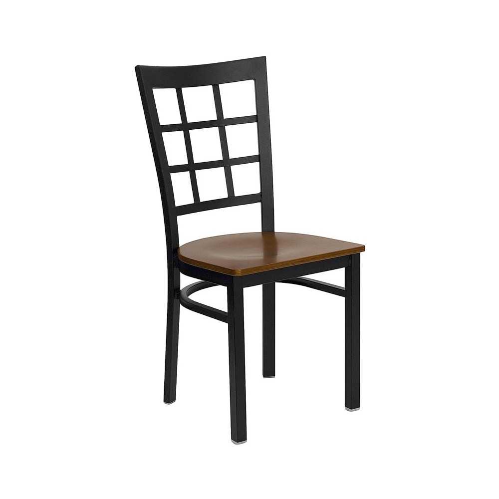 Black Window Back Metal Restaurant Chair - Cherry Wood Seat