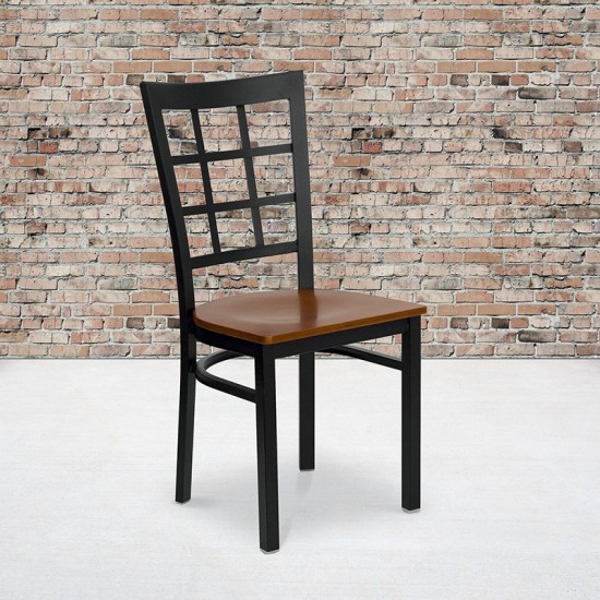 Black Window Back Metal Restaurant Chair - Cherry Wood Seat