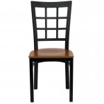 Black Window Back Metal Restaurant Chair - Cherry Wood Seat