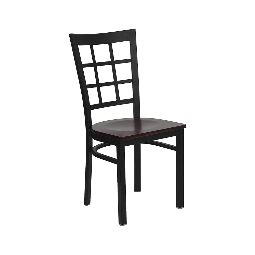 Black Window Back Metal Restaurant Chair - Mahogany Wood Seat
