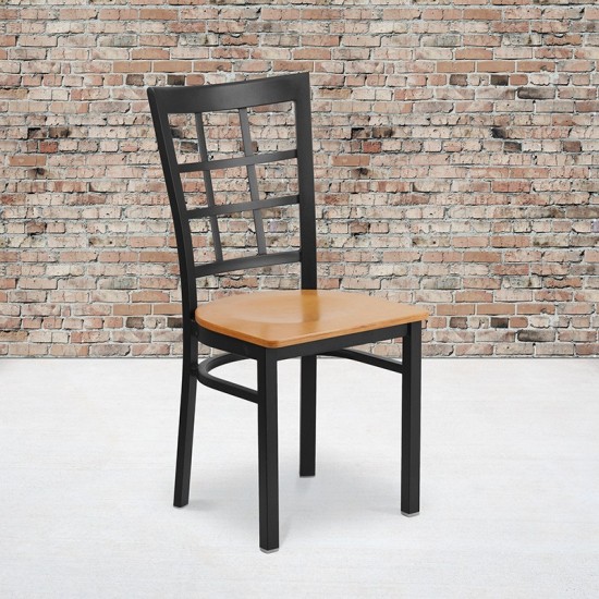 Black Window Back Metal Restaurant Chair - Natural Wood Seat